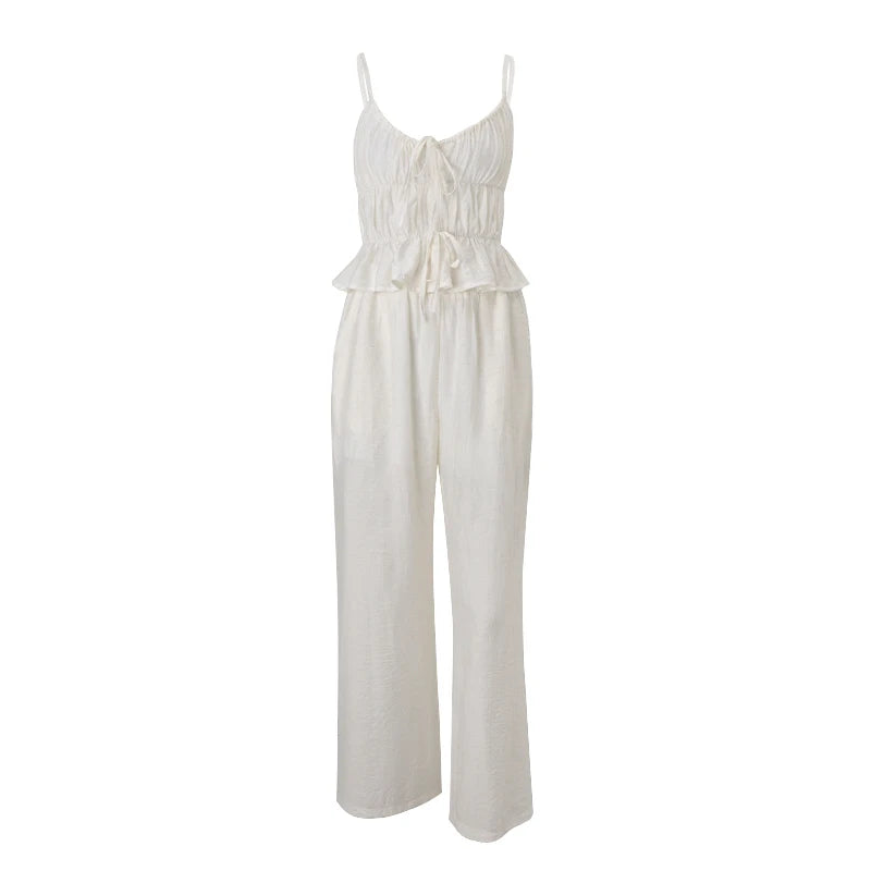 LIZAKOSHT  -  Solid Color Ruched Bandage V-neck Spaghetti Strap Tops and Wide Leg Long Pant Y2K Summer Casual New Women 2 Piece Sets