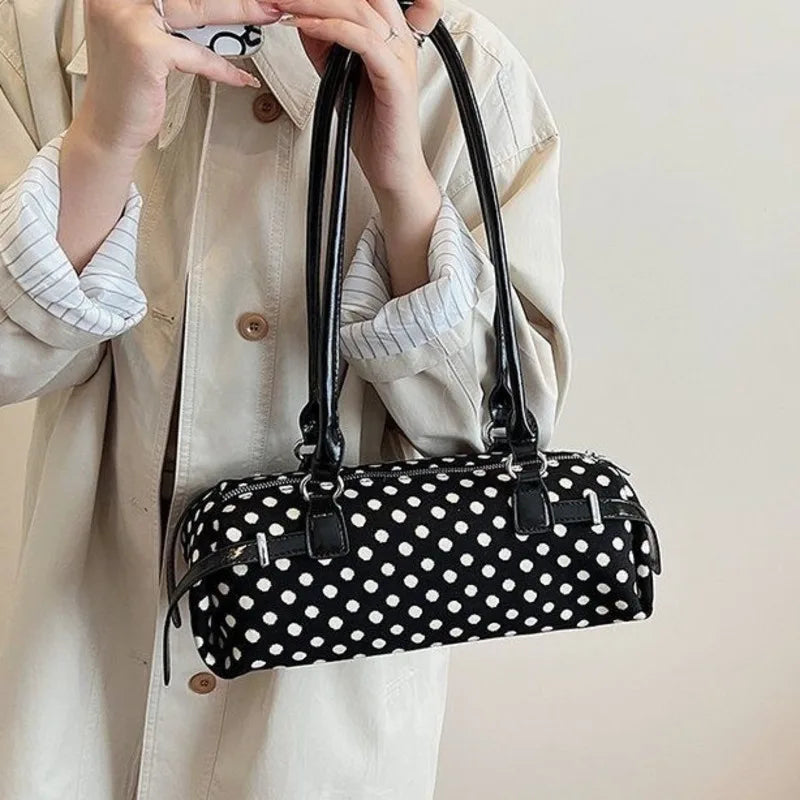 LIZAKOSHT  - Y2k Polka Dot Cylindrical Handbag Ins Trendy Personality Elegant Retro Glossy Leather Exquisite Small Capacity Daily Commuting