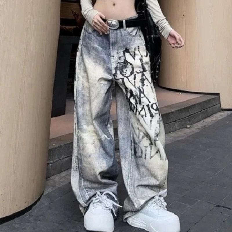 LIZAKOSHT  -  Y2K Letter Gradient Jeans Women Streetwear Fall American Vintage Denim Pants High Street Loose Straight Retro Wide Leg Trousers