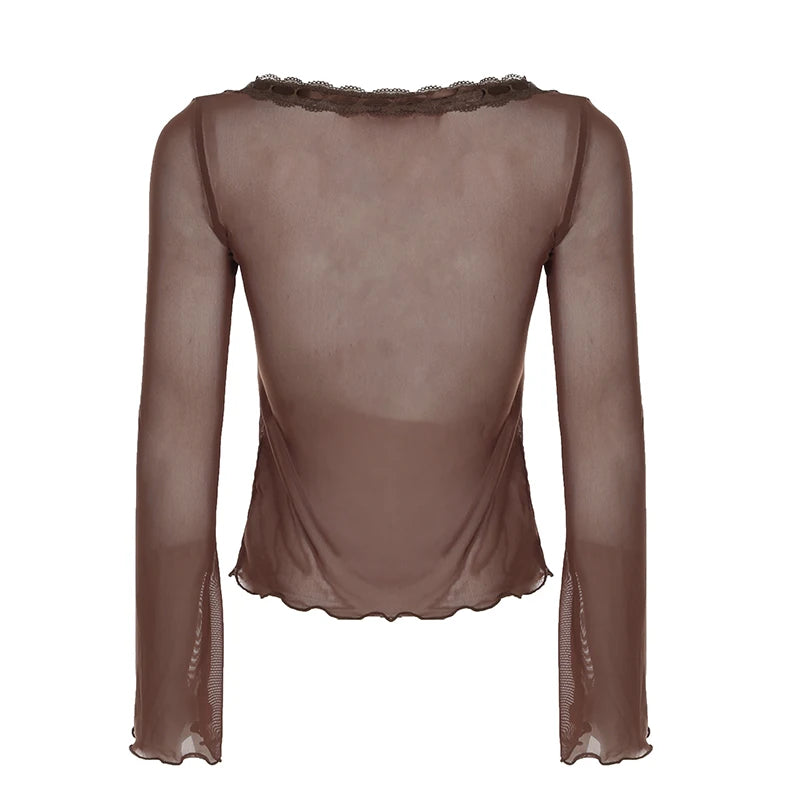 LIZAKOSHT  -  Y2K Lace Patchwork Mesh Long Sleeve Cardigan Tie Up Sexy Brown See Through Smock Top Vintage Stylish Streetwear 90s
