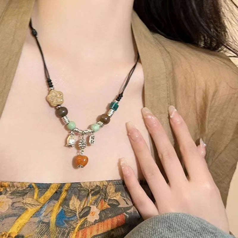 LIZAKOSHT  -  Bohemian Ethnic Style Necklace Handmade Ceramic Bead Waterdrop Pendant Choker Adjustable Size Bohemian Necklace Women