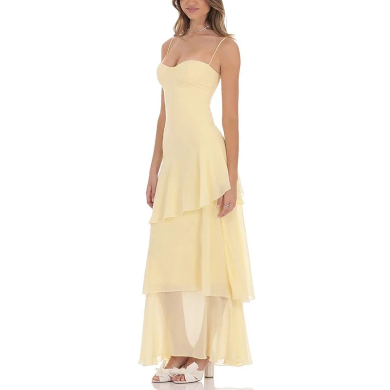 LIZAKOSHT  -  Women's Elegant Solid Long Party Dress Casual Mesh Pleated Banquet Dresses Summer Sexy Sleeveless Backless Low Cut Halter Dress