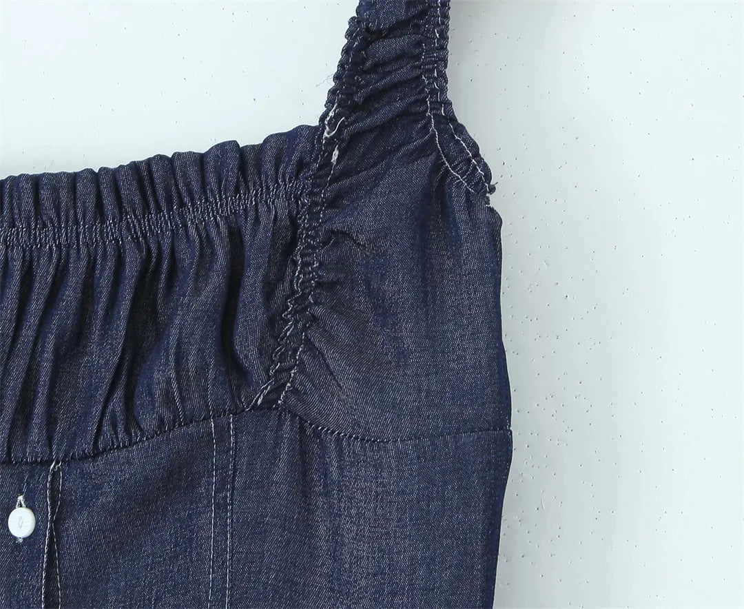 LIZAKOSHT  -  Women Smocked back  Button Christa Denim Mini Dress Blue Denim