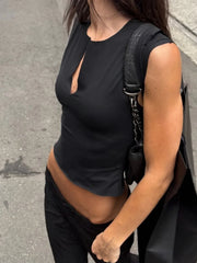 LIZAKOSHT  -  Women Fashion Hollow Out V Collar Short Tops Chic Sleeveless Solid Color High Waist Elegant Blouse Lady Commute New Vests
