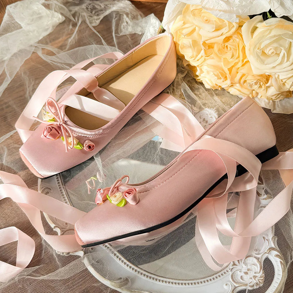 LIZAKOSHT  -  Summer Cute Square Toe Ballet Flats Shoes Women with Riband Sweet Satin Slip On Comfortable sole Office Lady Daily Shoes