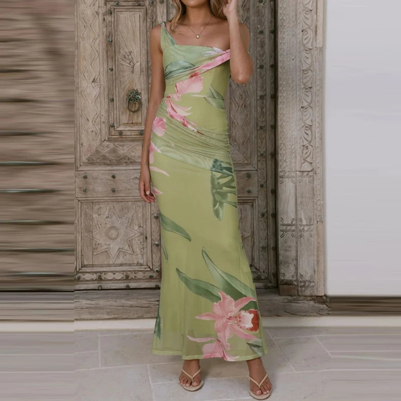 LIZAKOSHT  -  Pattern printed women's temperament slim fit dress casual vacation elegant off shoulder fashion party long dress