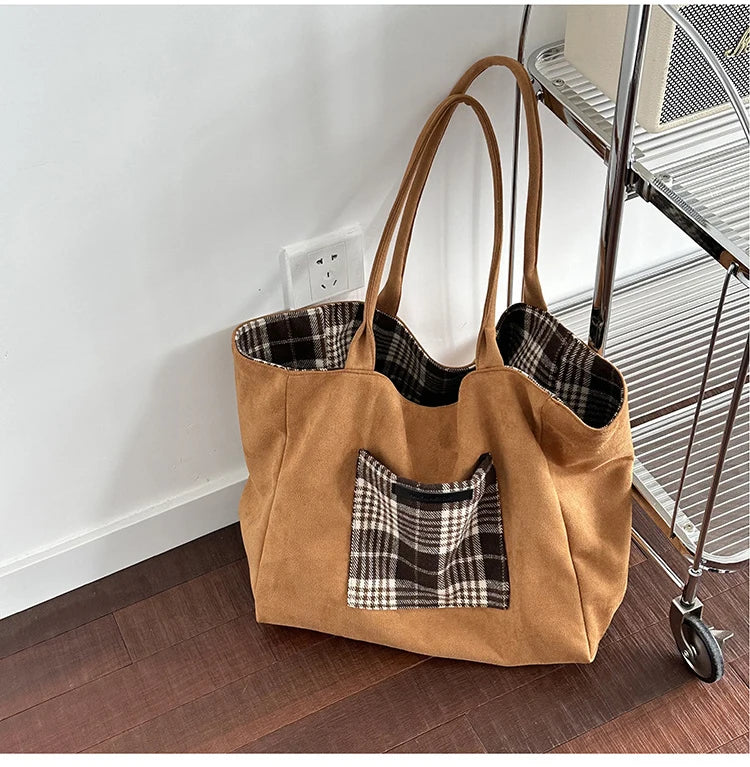 LIZAKOSHT  -  Autumn and Winter Woolen Plaid Shoulder Bag Double Sided Use Handbag Large Capacity Tote Bags For Women