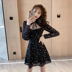 LIZAKOSHT  -  Black Princess Dress Women Long Sleeve Halter Style Floral Dress Vintage Improved Cheongsam Slim Mini Skirts Fashion Party Wear
