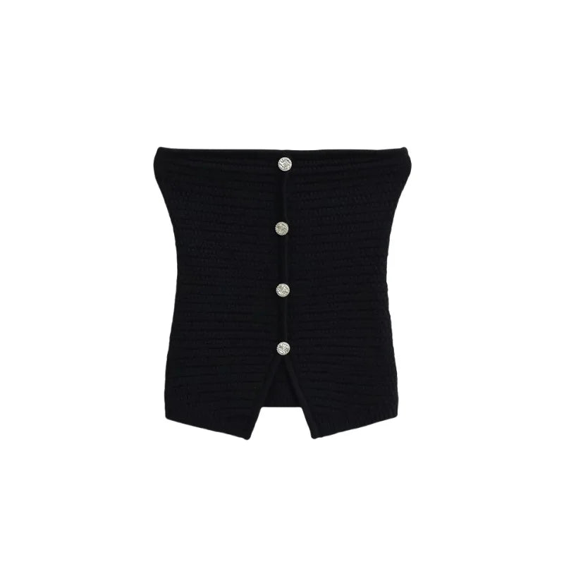 LIZAKOSHT  -  Women Off The Shoulder Button Up Sleeveless Knitted Crop Top
