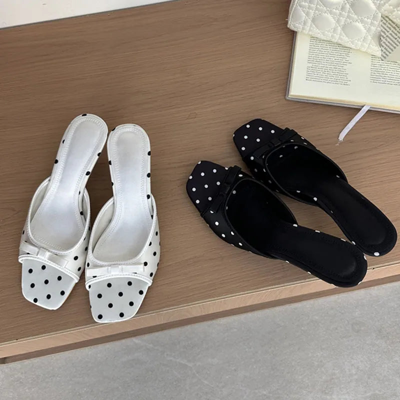 LIZAKOSHT  -  Summer Fashion Satin Polka Dot Square Toe Women Slippers Elegant Thin Low Heels Sandals Casual Beach Party Shoes