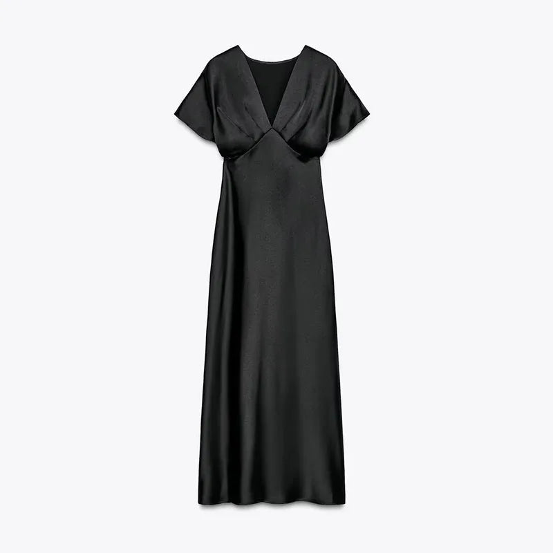 LIZAKOSHT  -  Elegant Satin Solid Long Dress Women V-neck Short Sleeve Pleated Female Party Dresses Summer Lady Chic Holiday Beach Robes