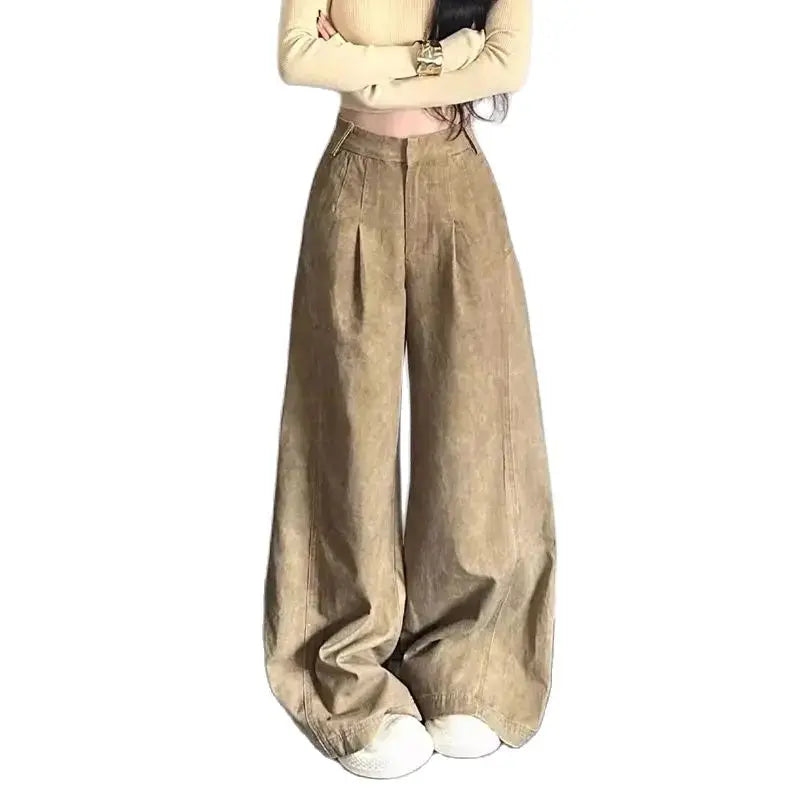 LIZAKOSHT  -  Jeans High Waist Straight Hot Girl Retro Distressed Women'S Loose Slimming Wide Leg Pants Drape Floor Mopping Trousers