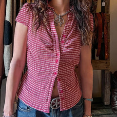 LIZAKOSHT  -  College Style Breasted Plaid Simple Casual Versatile Shirt with Retro Street Style Lapel and Waist Cinching for Slimming Effect