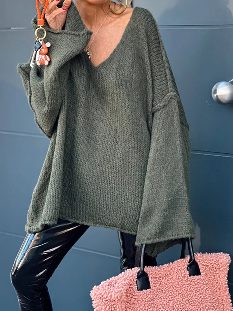 LIZAKOSHT  -  Autumn Winter Fashion Knitting Sweaters, Women Solid Patchwork V Neck Simple Pullovers, New Loose Long Raglan Sleeve Ladies Tops