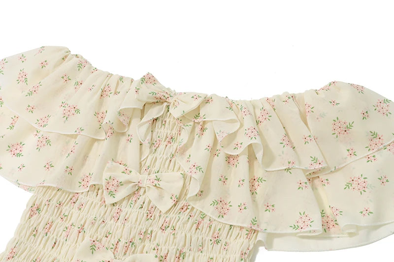 LIZAKOSHT  -  Off Shoulder Sexy Floral Print Mesh Bow Fashion A-line Bodycon Pleated Mini Dress Summer New Sweet Cute Party Vestidos