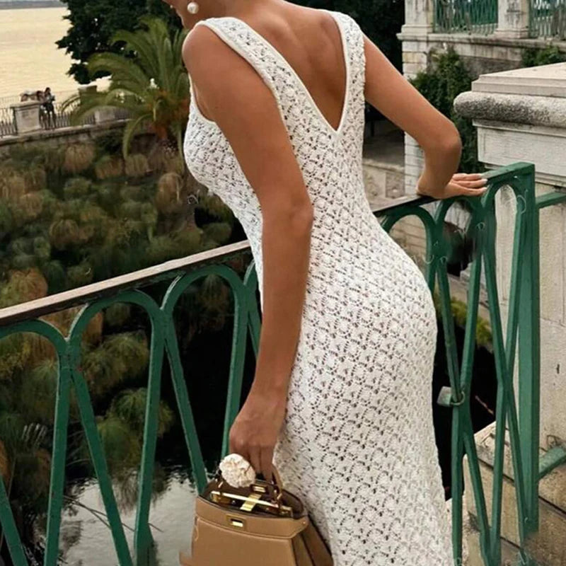 LIZAKOSHT  -  Solid Color Hollow Knitted Beach Vacation Dress Elegant Sleeveless Skinny Cover-up Dress Women Sexy Perspective Swimwear Dress