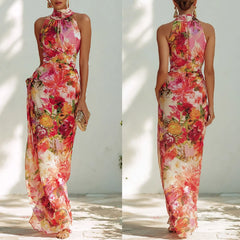LIZAKOSHT  -  Elegant Sleeveless Hight Waist Holiday Long Dress Women Fashion Draped Summer Dress Sexy Halter Floral Print Bohe Bodycon Dress