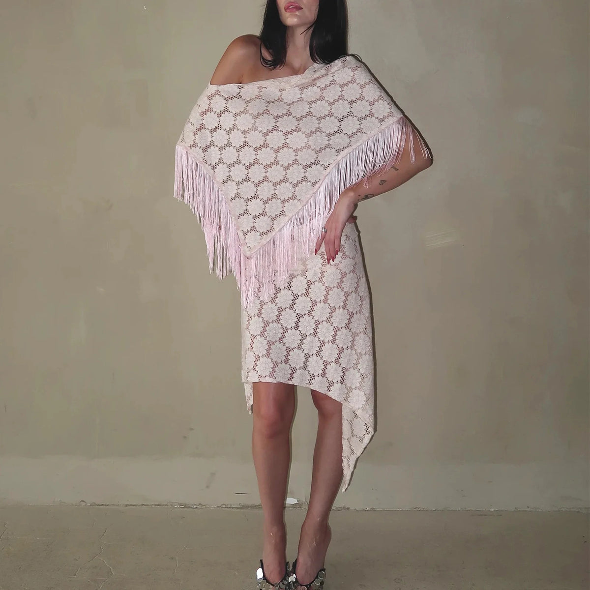 LIZAKOSHT  -  Y2K Coquette 2 Piece Set for Women Stylish Pink Mesh Tassels Boat Neck Tops and Asymmetrical Fringe Midi Skirt Beachwear