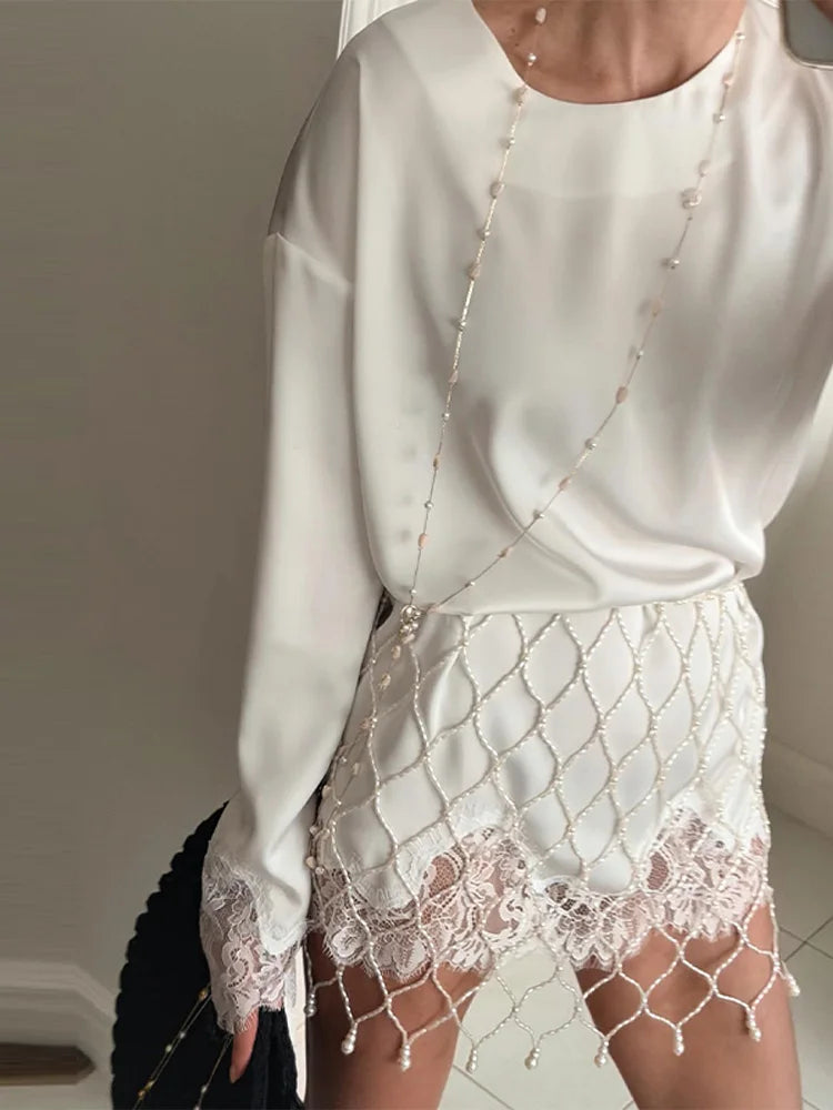 LIZAKOSHT  -  Ivory Satin Lace Trim Mini Dress Long Sleeve Buttoned Cuffs Spring Romantic Women Satin Skirt Fashion Sweet Lady Vestido