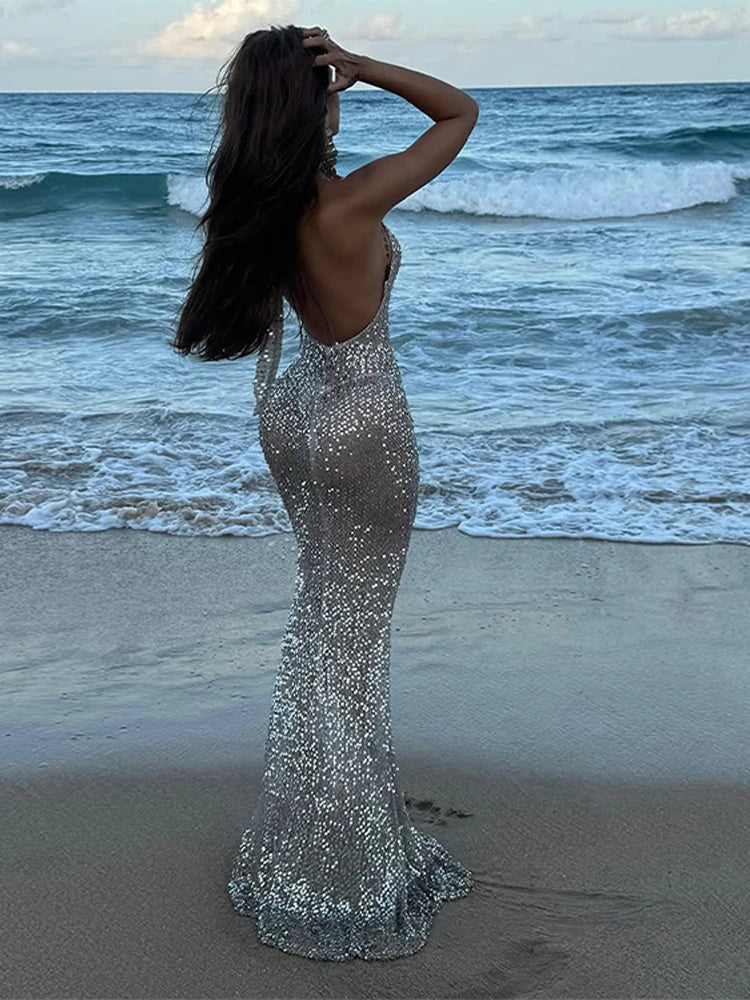 LIZAKOSHT  -  Sequin Halter Beach Dress Large Backless Neck Hanging Waist Cinched Slim Fit Wrap Hip Long Dresses Micro Perspective Sexy Robes