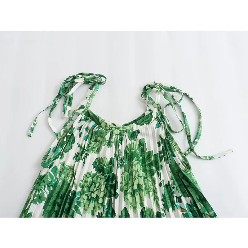 LIZAKOSHT  -   Green Floral Print Lacing Up Sling Beach Dresses Women Sexy Sleeveless O Neck Pleated Summer Dress Holiday Vestidos