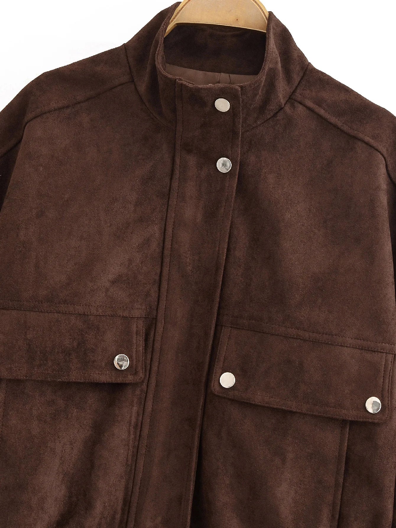 LIZAKOSHT  -  Vintage Suede Bomber Jacket For Women Brown Short Coat High Collar Long Sleeves With Pockets Overcoat New Autumn Winter