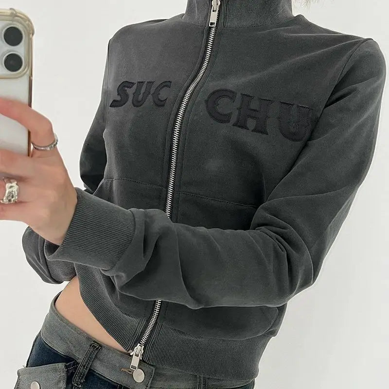 LIZAKOSHT  -  Stand Collar Jacket High Quality Letter Printed Zipper American Retro Women'S Slim Fit Versatile Casual Sweatshirt
