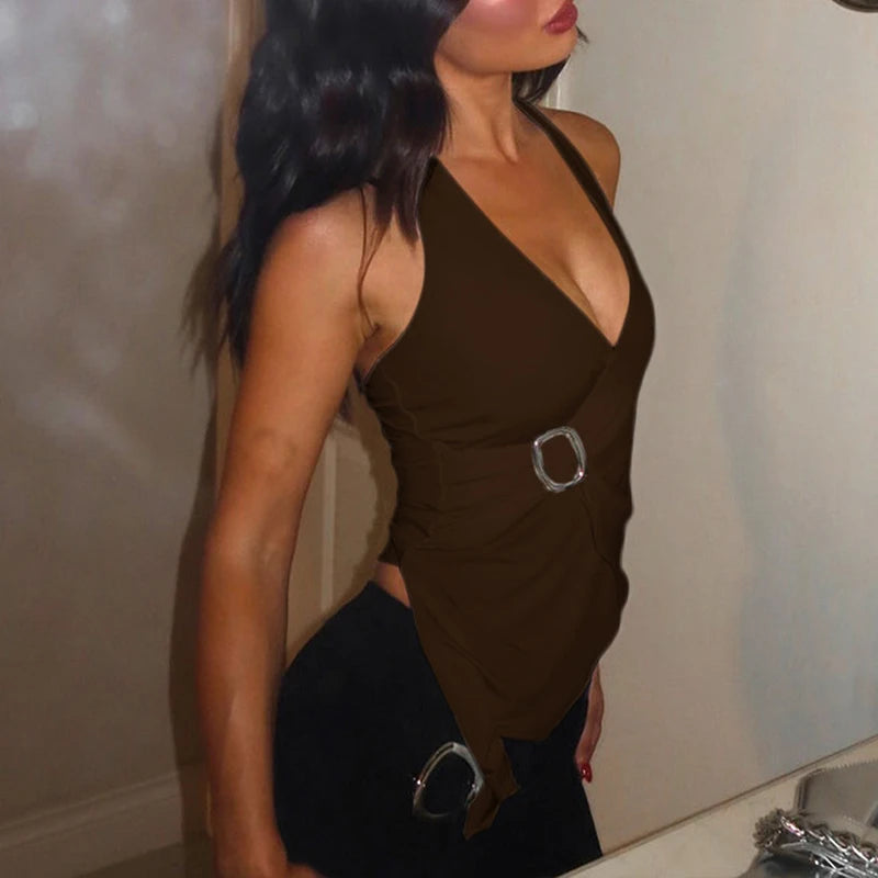 LIZAKOSHT  -  Summer Solid Sleeveless Halter V Neck Backless Buckle Backless Lacing Sexy Crop Top for Women Club Partywear