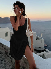 LIZAKOSHT  -  Women Fashion White Draped Slit Mini Dresses Sexy U-Neck Sleeveless Ruched Hem Bodycon Dress Summer Lady Party Holiday Robe