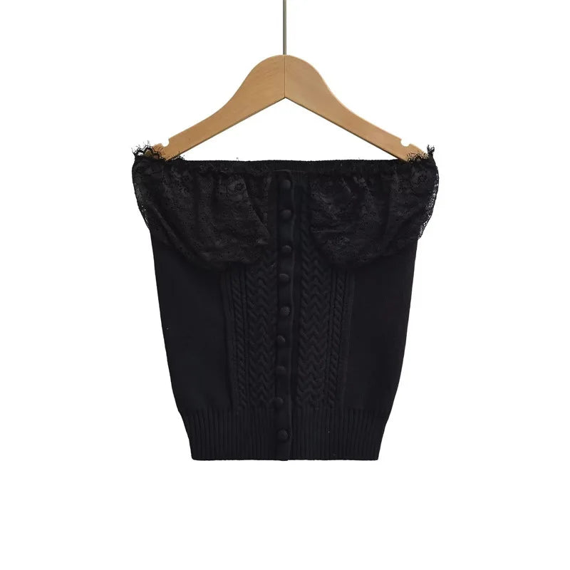 LIZAKOSHT  -  Women Off The Shoulder Twist Lace Trimmed Button Knitted Strapless Top