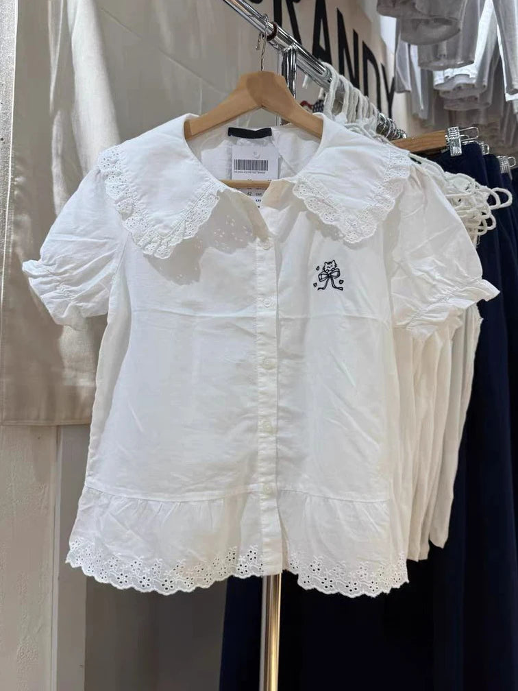 LIZAKOSHT  -  New Cat With Bow Embroidery Tshirt Woman Lace Trim Turn Down Collar Single Brested Shirts White Cotton Cute Puff Sleeve Tee Tops