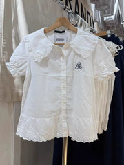 LIZAKOSHT  -  New Cat With Bow Embroidery Tshirt Woman Lace Trim Turn Down Collar Single Brested Shirts White Cotton Cute Puff Sleeve Tee Tops