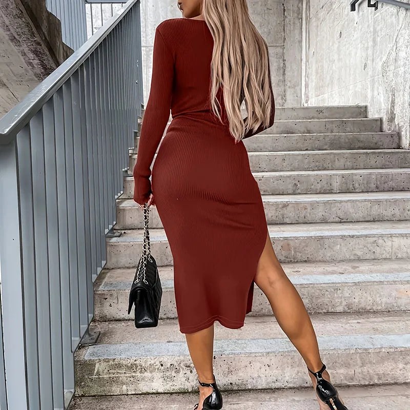 LIZAKOSHT  -  Women Fashion U-neck Hight Waist Wrap Hip Dress Casual Long Sleeve Split Solid Party Dress Autumn Winter Elegant Rib Long Dress