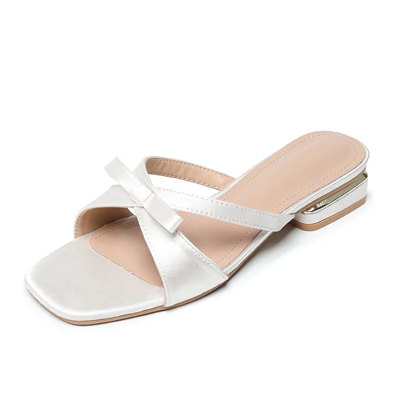 LIZAKOSHT  -  new summer silk slippers women bowtie narrow band sandalias mujer low heel party slides shoes 35-43 big size pink flip flop