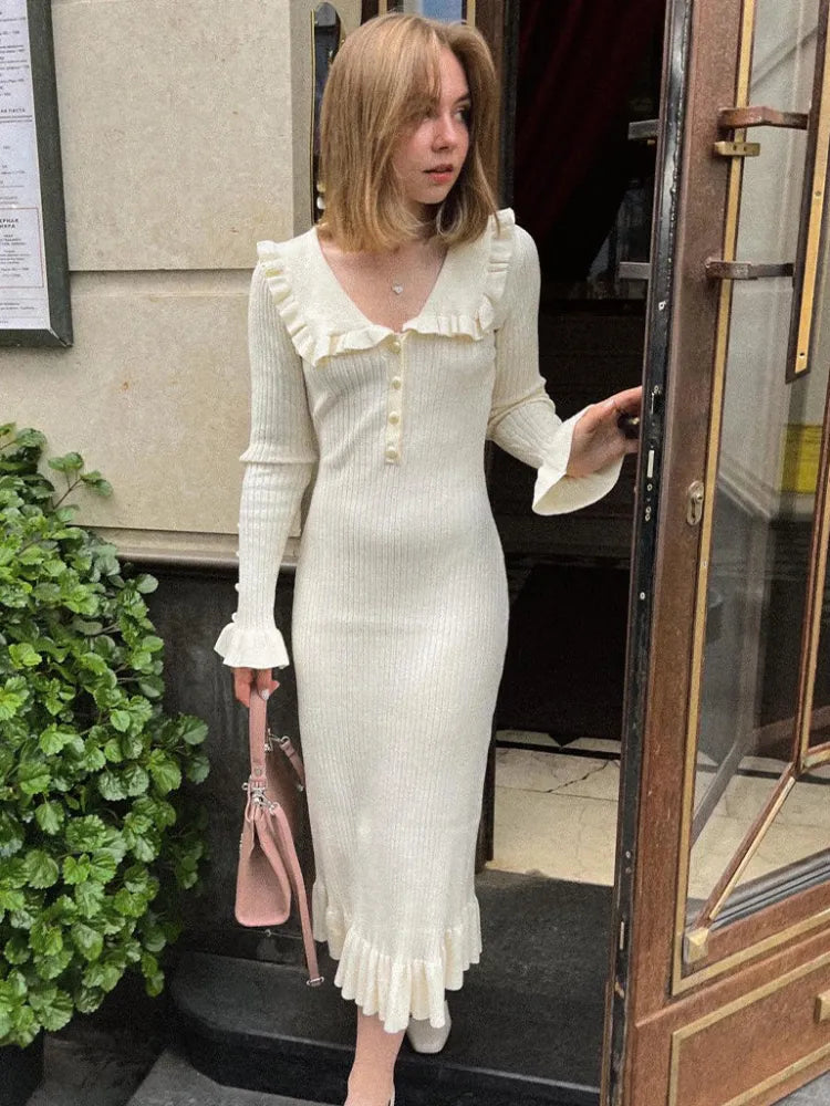 Lizakosht High Waist Ruffled Maxi Dresses For Women Autumn Winter Knitted Slim Long Dress Women's Vintage Dress Woman Retro Elegant