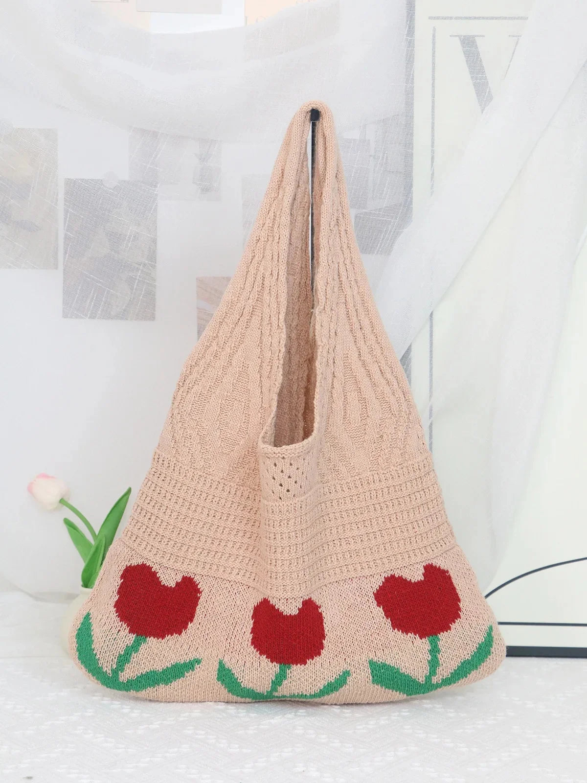 LIZAKOSHT  -  Floral Knitted Hollow out Yarn Single Shoulder Bag Vintage Style round Cylinder Soft Polyester Fiber Beach Travel Handbag