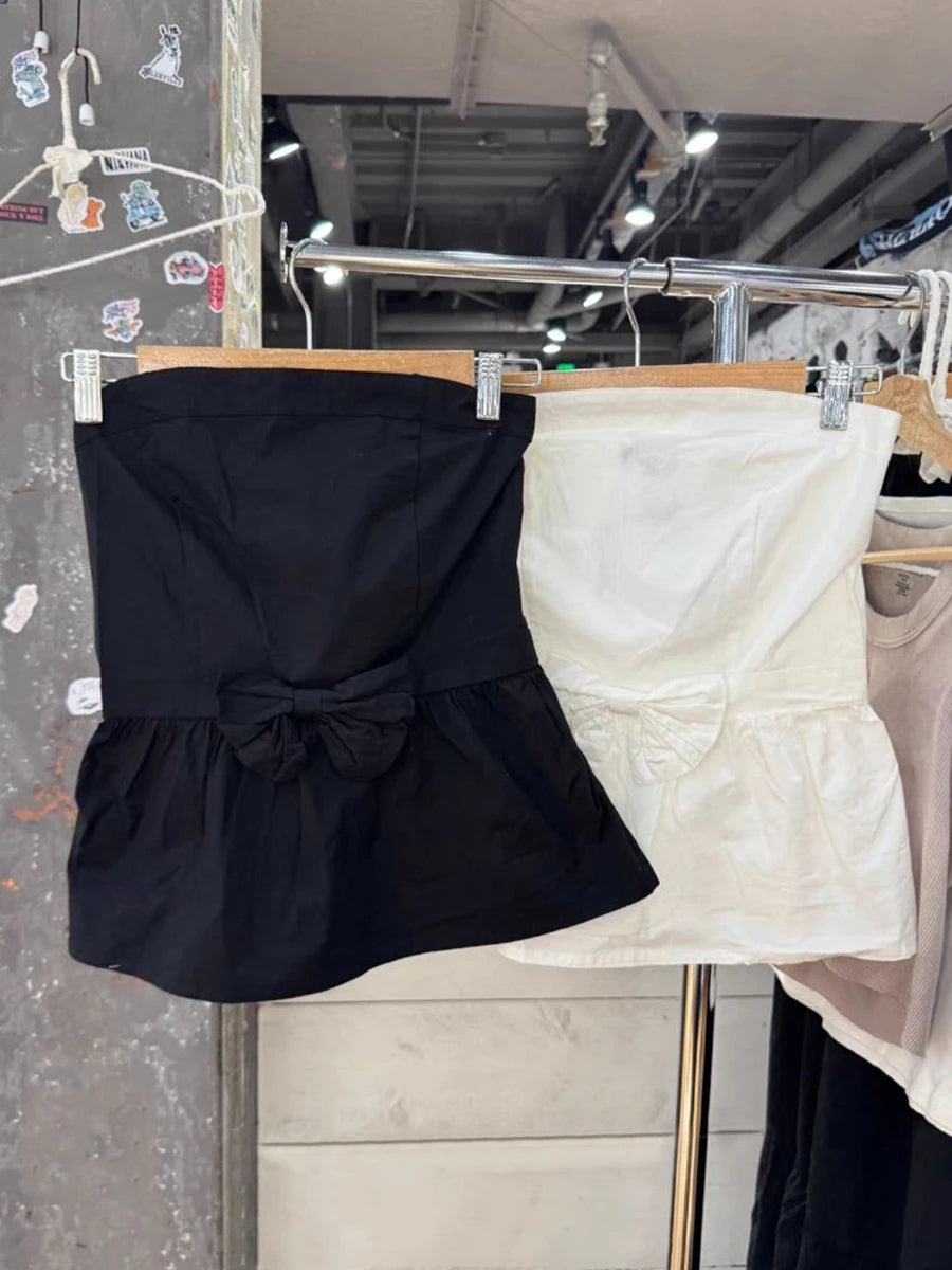 LIZAKOSHT  -  Bow White Strapless Tank Top Woman Summer Back Elastic Band Cotton Short Vest Female Elegant Sweet Evenning Party Tube Tops New