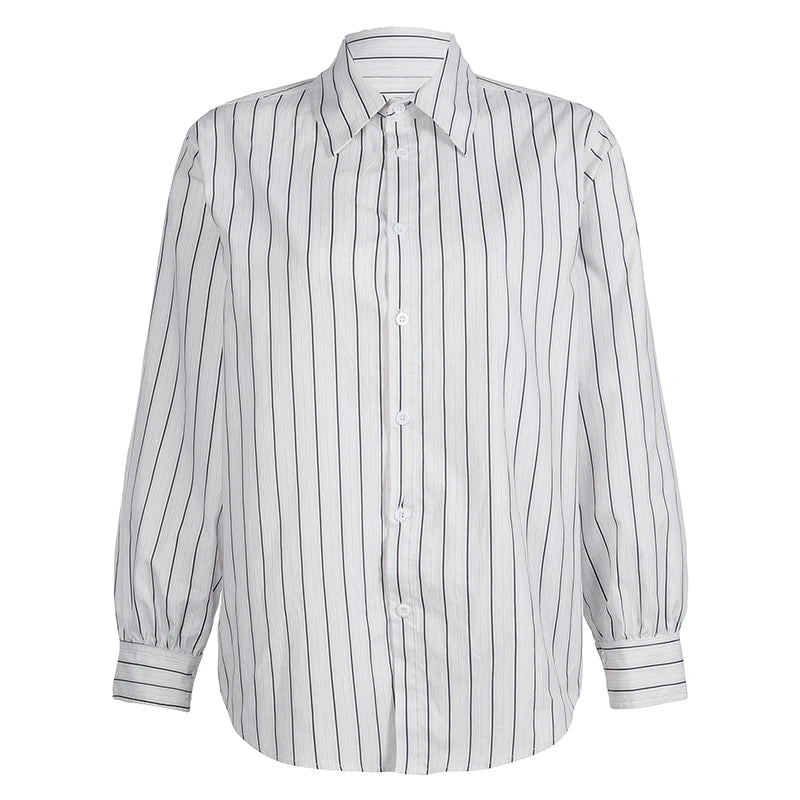 LIZAKOSHT  -  Striped Print Loose Shirt for Women Casual Single-breasted Oversized Blouses Streetwear Fashion Turn-down Neck Top