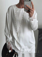 LIZAKOSHT  -  Ivory Satin Lace Trim Mini Dress Long Sleeve Buttoned Cuffs Spring Romantic Women Satin Skirt Fashion Sweet Lady Vestido