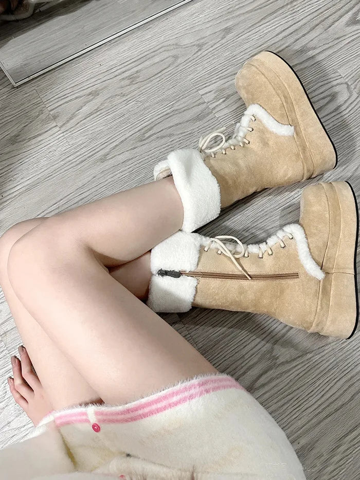 LIZAKOSHT  -  Winter y2k lace-UP Platform Boots Women Shoes Keep Warm Khaki Wedges Heels Mid-calf Snow Boots
