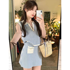 LIZAKOSHT  -  Striped Korean Brand Knitted 2 Piece Sets Sleeveless Polo Collar Short Tops Mini Skirts Suits Patchwork Blue Y2K Women Clothing
