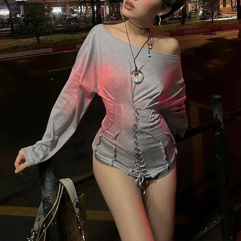 LIZAKOSHT  -  Irregular Diagonal Collar Long Sleeve Skinny Criss-cross Lace Up Fashion Solid Color Long Sleeve Tops Women Sexy Streetwear