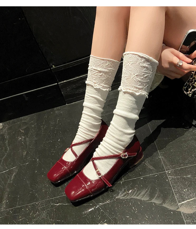 LIZAKOSHT  -  japanned leather cross band pumps women square toe low heel mary janes shoes woman crystal buckle zapatos de tacón mujer