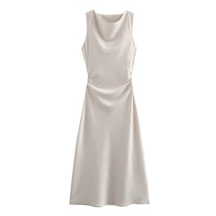 LIZAKOSHT  -  Summer New Women Sleeveless Dress Fashion Temperament Sexy Silk Satin Texture Solid Color Midi Long Dress Women Elegant