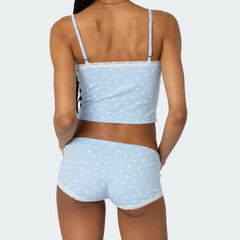 LIZAKOSHT  -  y2k Lounge Set Women Nightwear Heart Print Lace Trim Scoop Neck Crop Tops and Low Rise Mini Shorts 2 Piece Sleepwear
