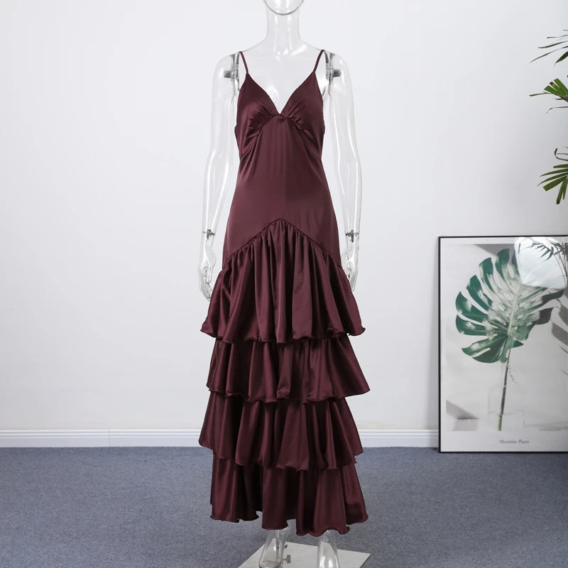 LIZAKOSHT  -  Sexy Solid Ruffles Sling Dress Women Sleeveless Backless Empire V-neck Long Party Dresses Female Spring Chic Lady A-line Robes