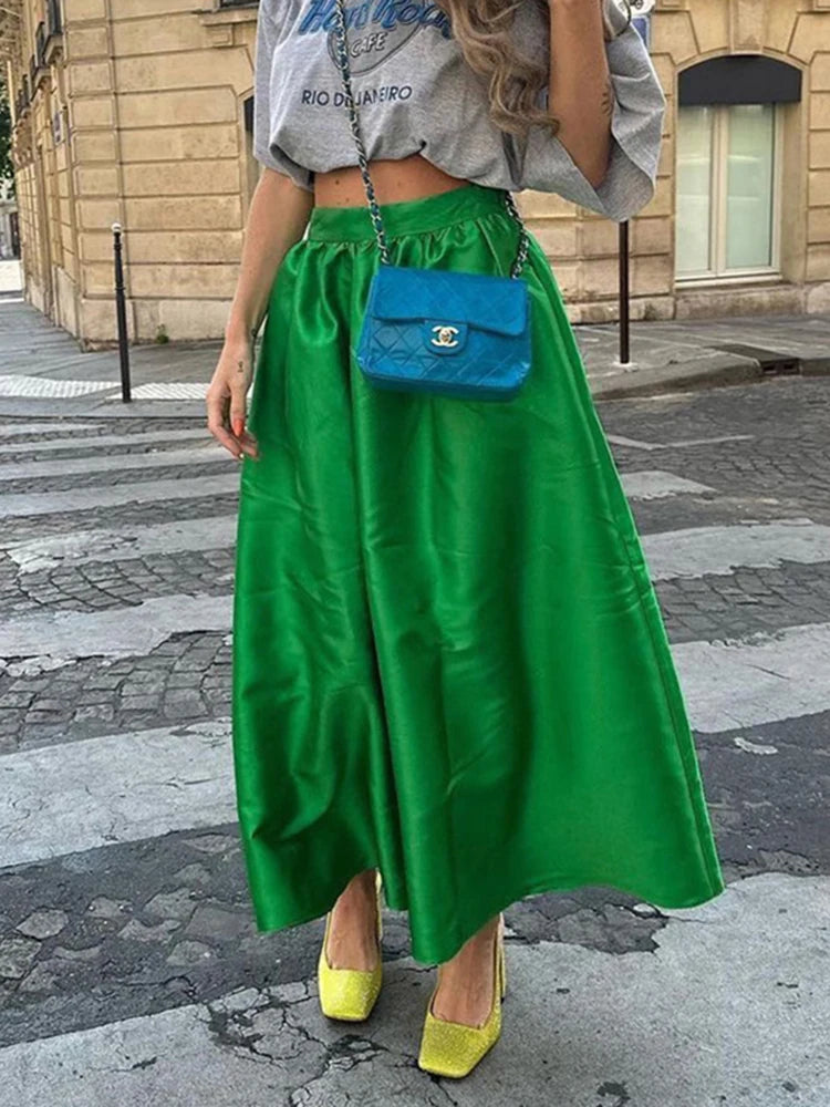 LIZAKOSHT  -  Retro Fashion Satin Effect Green High Waist Loose Half Skirt Women's Summer Simple Versatile A-line Large Swing Umbrella Skirts