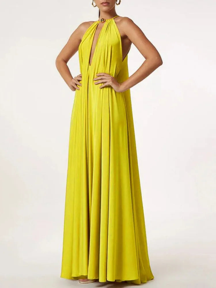 LIZAKOSHT  -  Women's Vibrant Yellow Halter Wrap Maxi Dress Deep V-neck Sexy Pleated Long Evening Dresses Elegant Photoshoot Dress