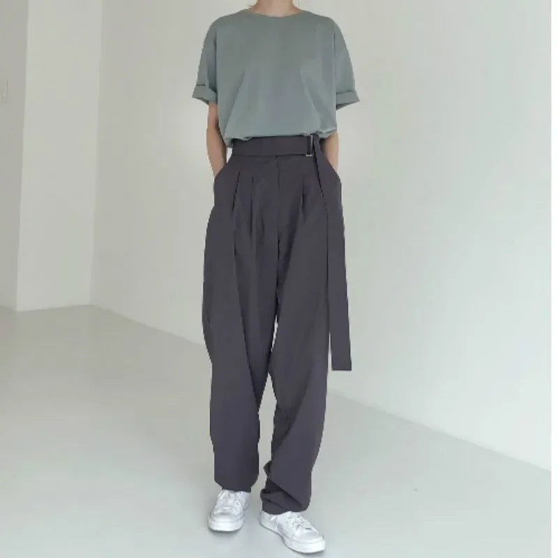 LIZAKOSHT -  Autumn Winter Women Korean Casual High Waist Wide Leg Loose Solid Long Pants with Sashes Office Ladies Suit Pants Streetwear New