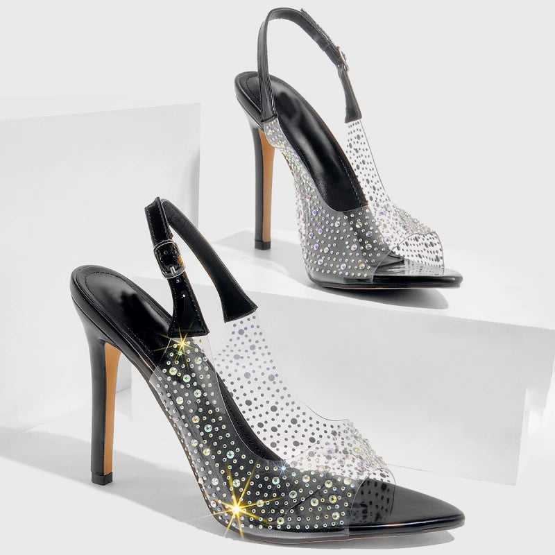 LIZAKOSHT  -  Luxury Rhinestone Thin Heeled Sandals Women Sexy Pointed Toe Transparent PVC Pumps Size 42 Elegant Party Backless Stripper Shoes